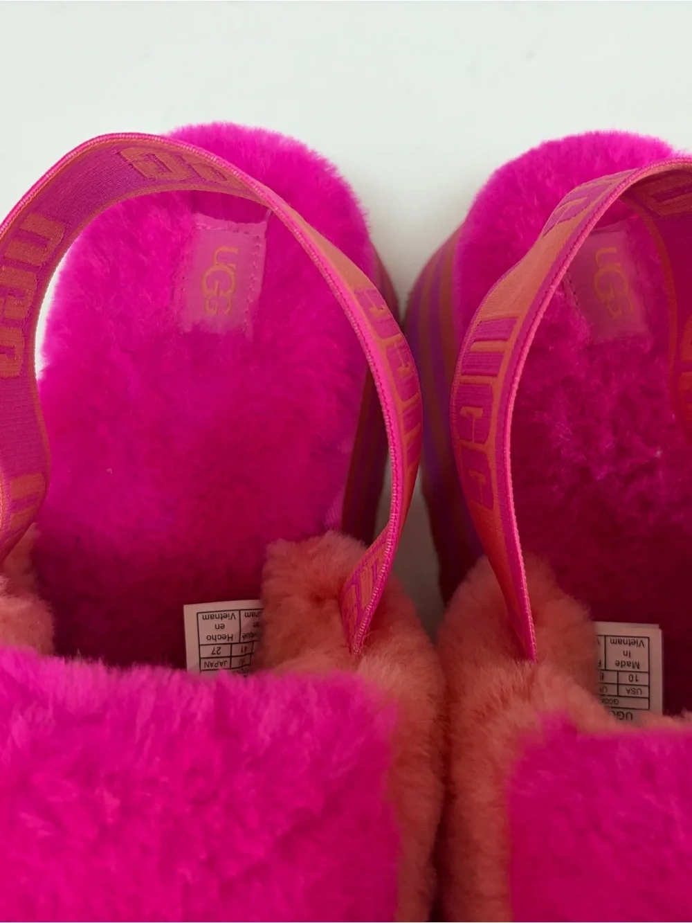 New Ugg Plush Slide Sandals in Bright Pink and Orange